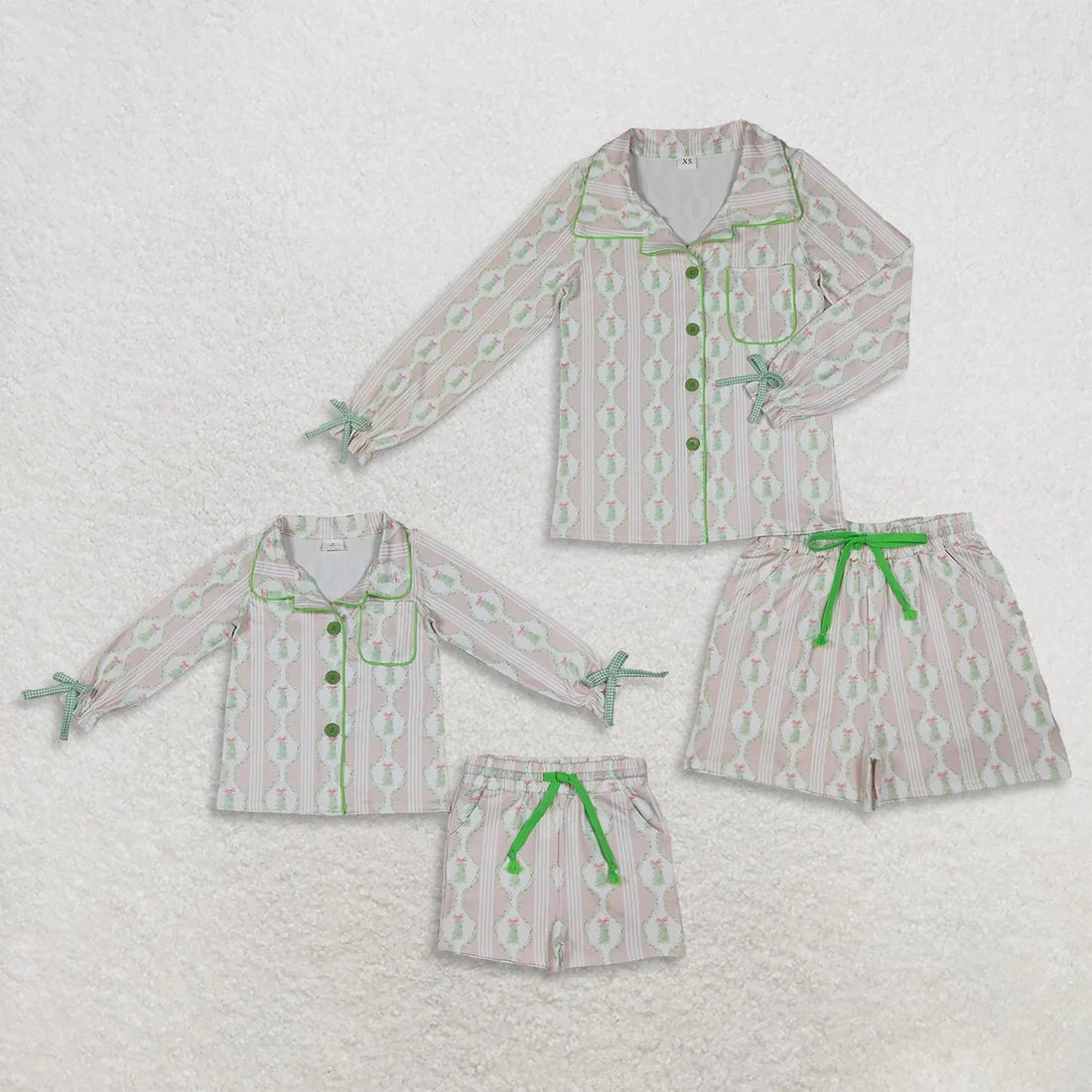 Mommy and Me Christmas Tree Long Sleeve Button Top Shorts Pajama Set with Bow