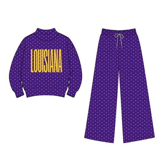 (Custom Design Preorder MOQ 5 Each) Teams Louisiana Polka Dot Mock Necks Top Pockets Pants Girls & Woman Clothes Set