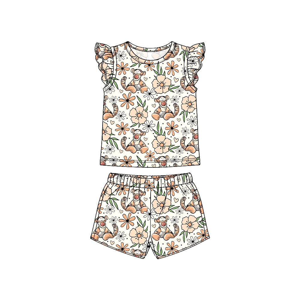 3.31(Custom Design Preorder MOQ 5 Each Item) Cartoon Bear Winni* Flowers Print Girls Summer Outfits Sister Wear