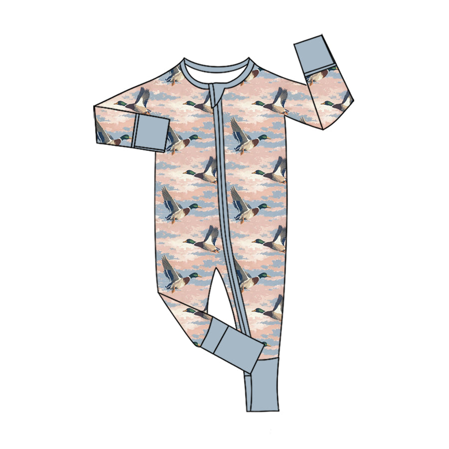 (Custom Design Preorder MOQ 5 ) Mallard Duck Print Baby Fall Zipper Sleeper Romper Sibling Wear