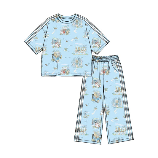 (Custom Design Preorder MOQ 5)  Cartoon Bunny Blue Print Straight Pockets Pants Girls Easter Clothes Set