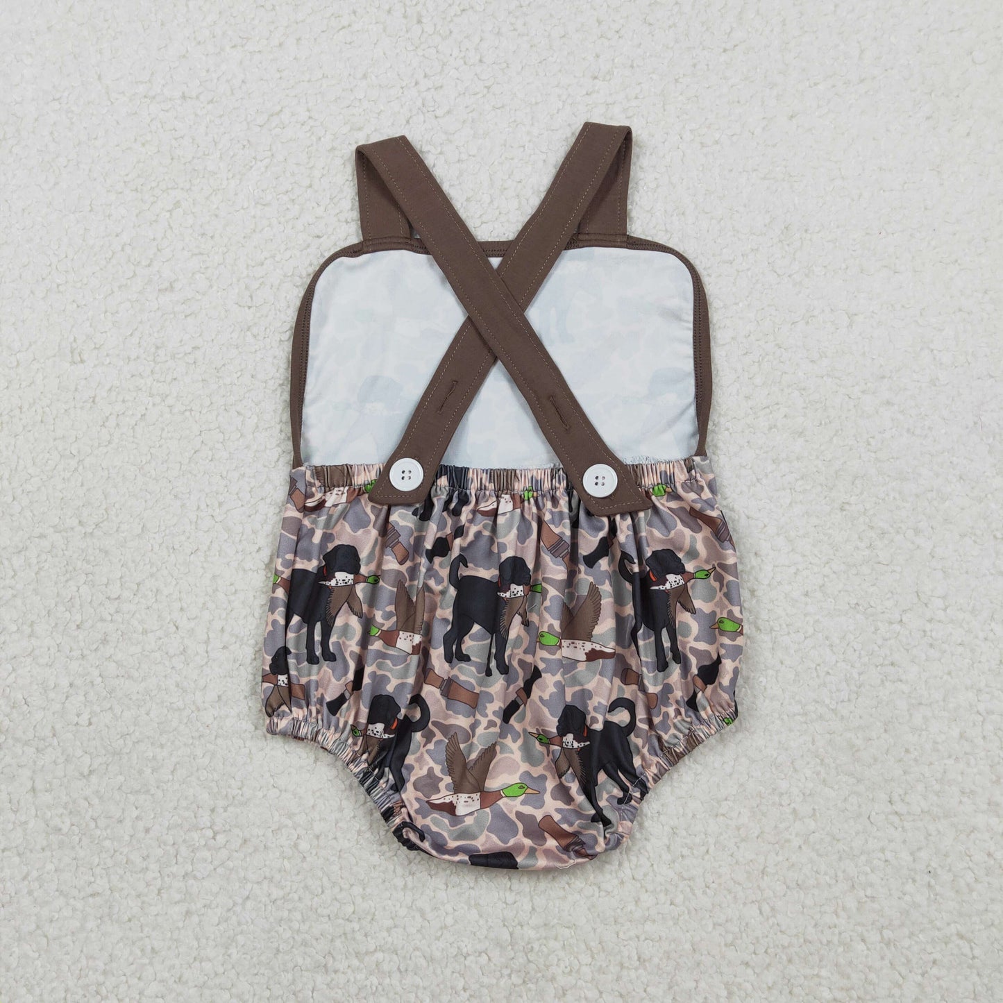Sibling Baby Boys Brown Top Dog Ducks Camo Pockets Short Hunting Clothes Set Rompers