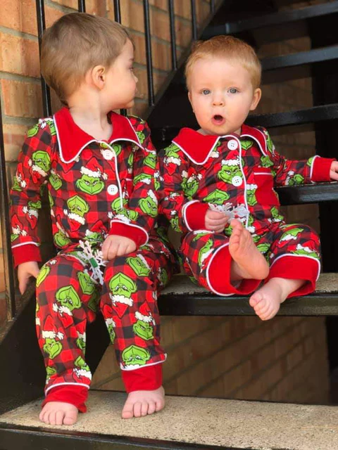 Green Frog Plaid Print Pocket Boys Buttons Christmas Pajamas Clothes Set  6 B1-25