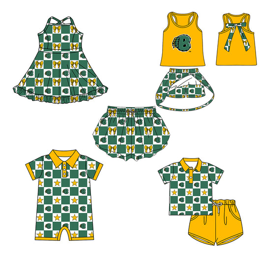 (Custom Design Preorder MOQ 5 Each Item) Teams Baylor Bears Bows Green Plaid Print Kids Clothes Sibling & Family Matching Styles