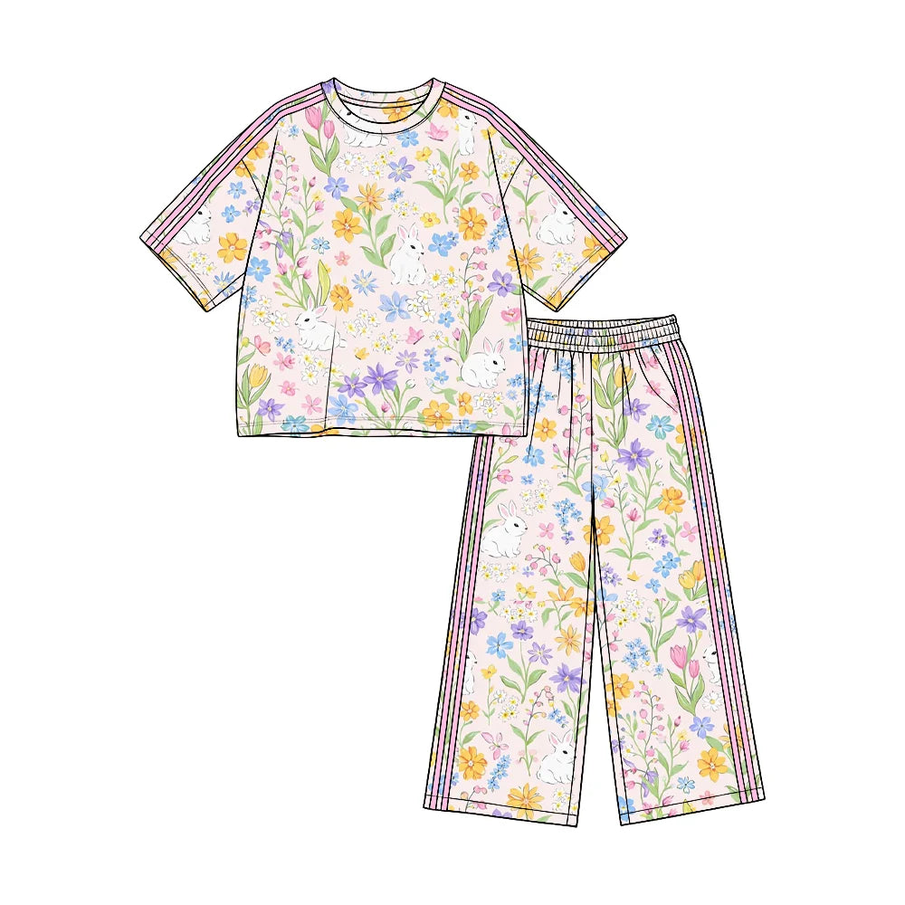 (Custom Design Preorder MOQ 5)  Cartoon Flowers Bunny Print Straight Pockets Pants Girls Easter Clothes Set