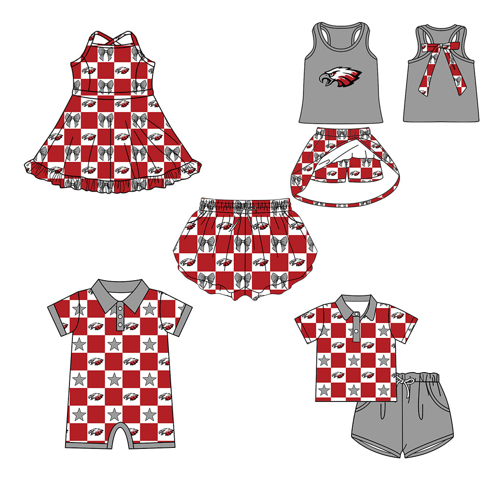 (Custom Design Preorder MOQ 5 Each Item) Teams Eagle Bows Red Plaid Print Kids Clothes Sibling & Family Matching Styles