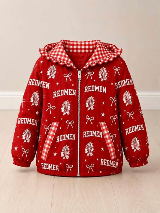 (Custom Design Preorder MOQ 5) Teams REDMEN Bows Stars Print Girls Pockets Zipper Ruffle Hoodie Jacket Top