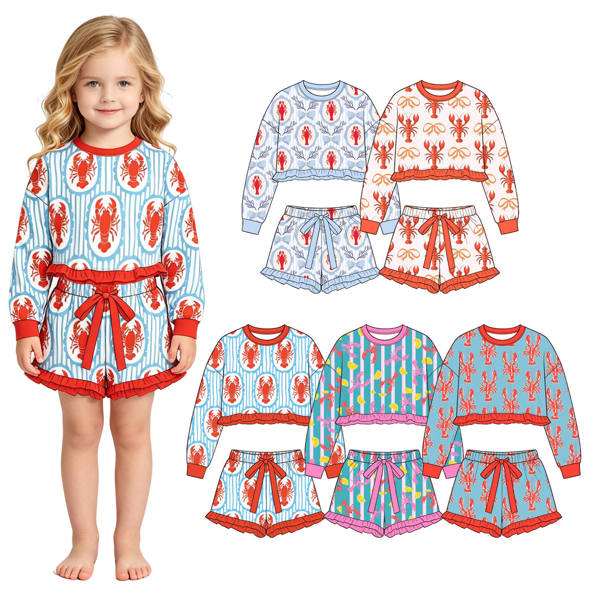 (Custom Design Preorder MOQ 5 Each)Crayfish Bows Print Long Sleeve Top Shorts Girls Clothes Set Sisters Wear