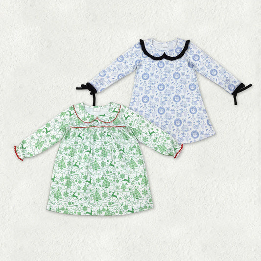 Sibling Baby Girls Long Ruffle Sleeve Snowmen Deer Christmas Knee Length Dresses
