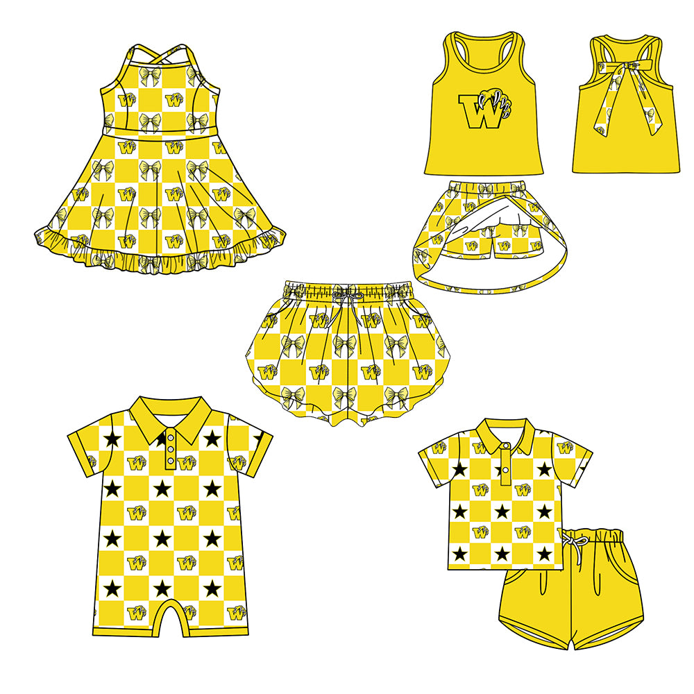 (Custom Design Preorder MOQ 5 Each Item) Teams Winona Wildcats Bows Yellow Plaid Print Kids Clothes Sibling & Family Matching Styles