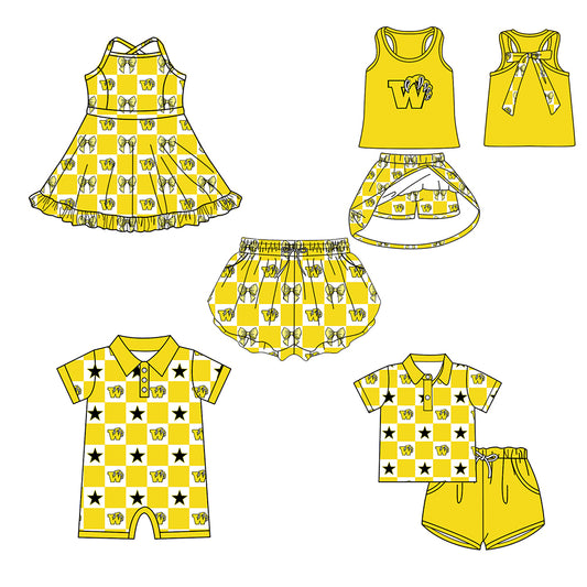 (Custom Design Preorder MOQ 5 Each Item) Teams Winona Wildcats Bows Yellow Plaid Print Kids Clothes Sibling & Family Matching Styles