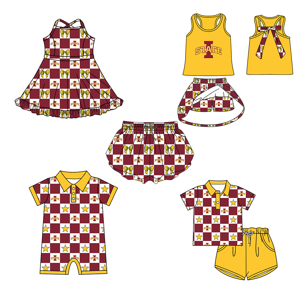 (Custom Design Preorder MOQ 5 Each Item) Teams Iowa State Cyclones Bows Wine Plaid Print Kids Clothes Sibling & Family Matching Styles