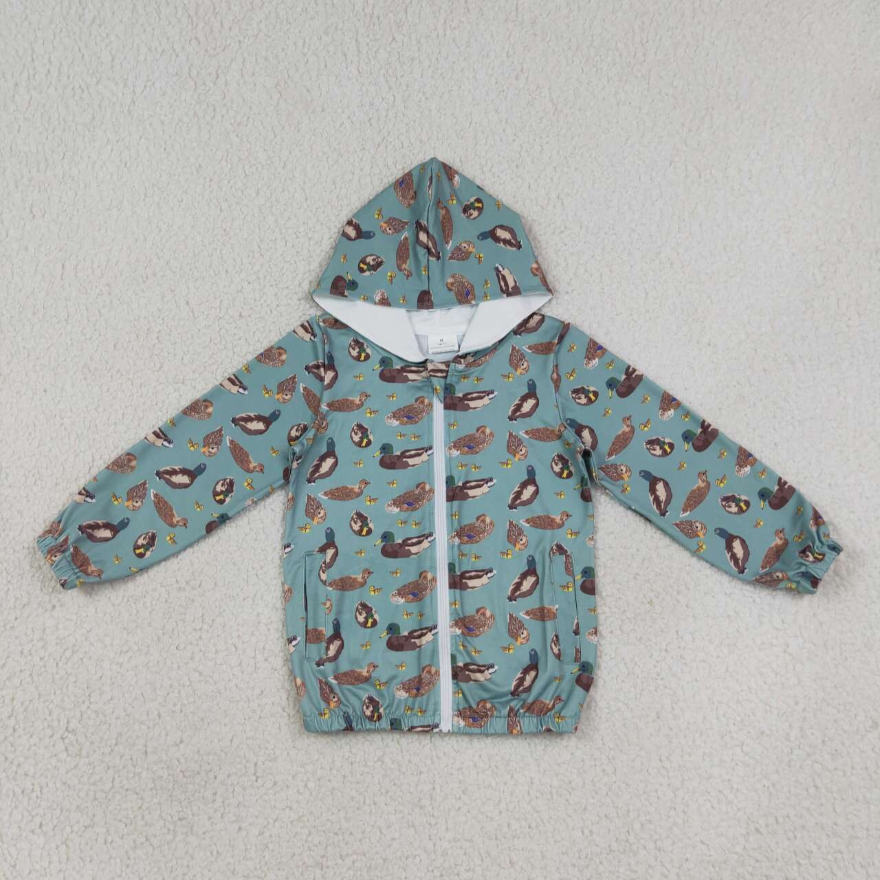 BT1818 Teal Duck Print Boys Long Sleeve Full Zipper Hoodie Jacket Top