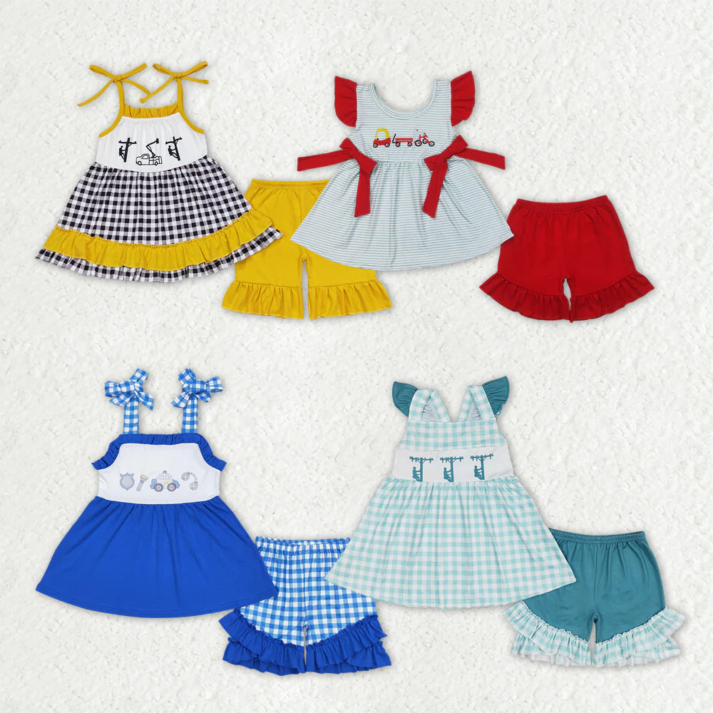 Sibling Baby Girls Summer Cars Linemen Tunic Ruffle Shorts Clothes Sets