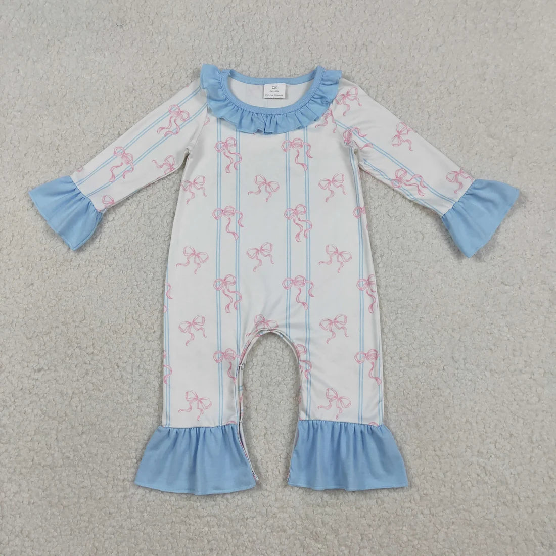 Baby Girls Pink Bows Stripe Collar Ruffle Foodie Rompers