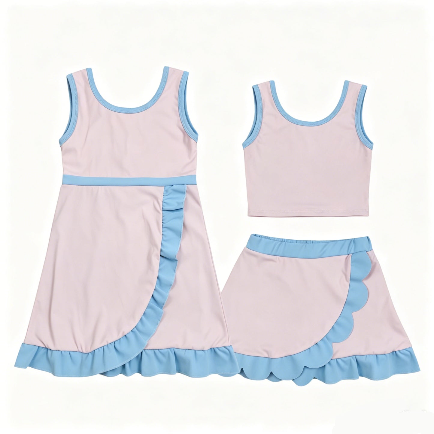 Toddler Sibling Kids Girls Light Pink with Blue Ruffle Dress & Skort Outfit Active Wear