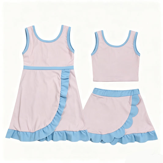 Toddler Sibling Kids Girls Light Pink with Blue Ruffle Dress & Skort Outfit Active Wear