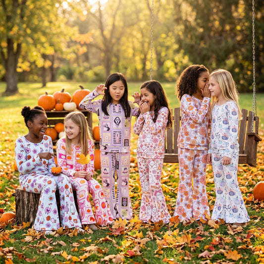 Sibling Baby Girls Halloween Ghost Pumpkin Print Bell Bottom Pants Outfit