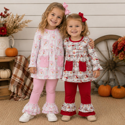 Sibling Baby Girls Santa Pockets Tunic Ruffle Pants Christmas Clothes Sets