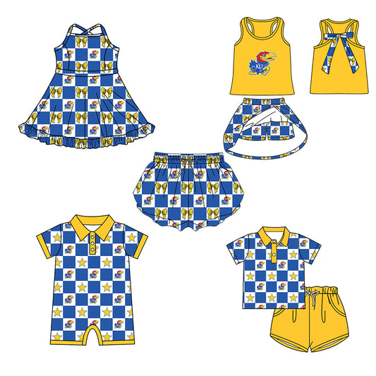(Custom Design Preorder MOQ 5 Each Item) Teams Kansas Jayhawks Bows Blue Plaid Print Kids Clothes Sibling & Family Matching Styles