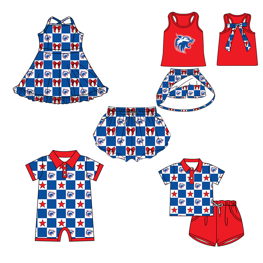 (Custom Design Preorder MOQ 5 Each Item) Teams Wildcat Bows Blue Plaid Print Kids Clothes Sibling & Family Matching Styles