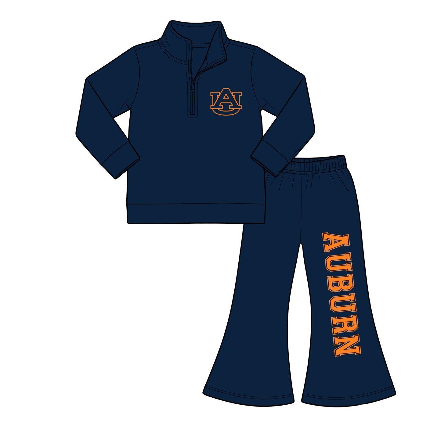 (Custom Design Preorder MOQ 5) Teams Auburn Navy Zipper Pullover Top Bell Pants Girls Fall Clothes Set