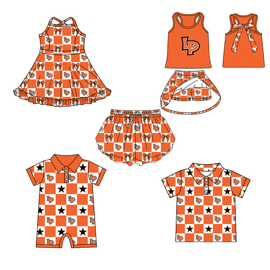 (Custom Design Preorder MOQ 5 Each Item) Teams La Porte Bulldogs Orange Plaid Print Kids Clothes Sibling & Family Matching Styles