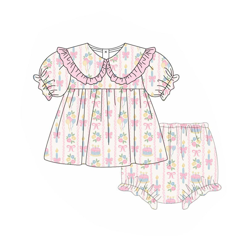 (Custom Design Preorder MOQ 5) Flowers Cake Tunic Top Shorts Girls Summer Bummie Set