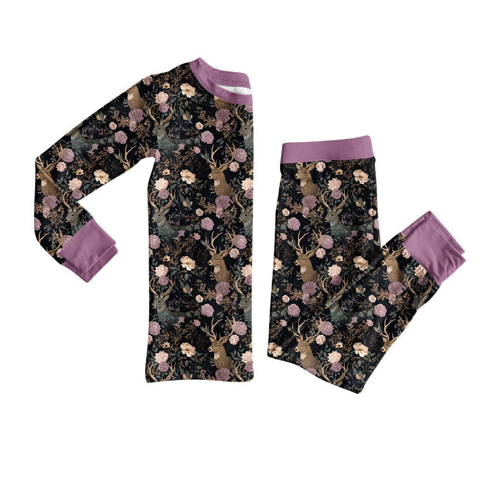(Custom Design Preorder MOQ 5)  Deer Flowers Print Girls Fall Pajamas Clothes Set
