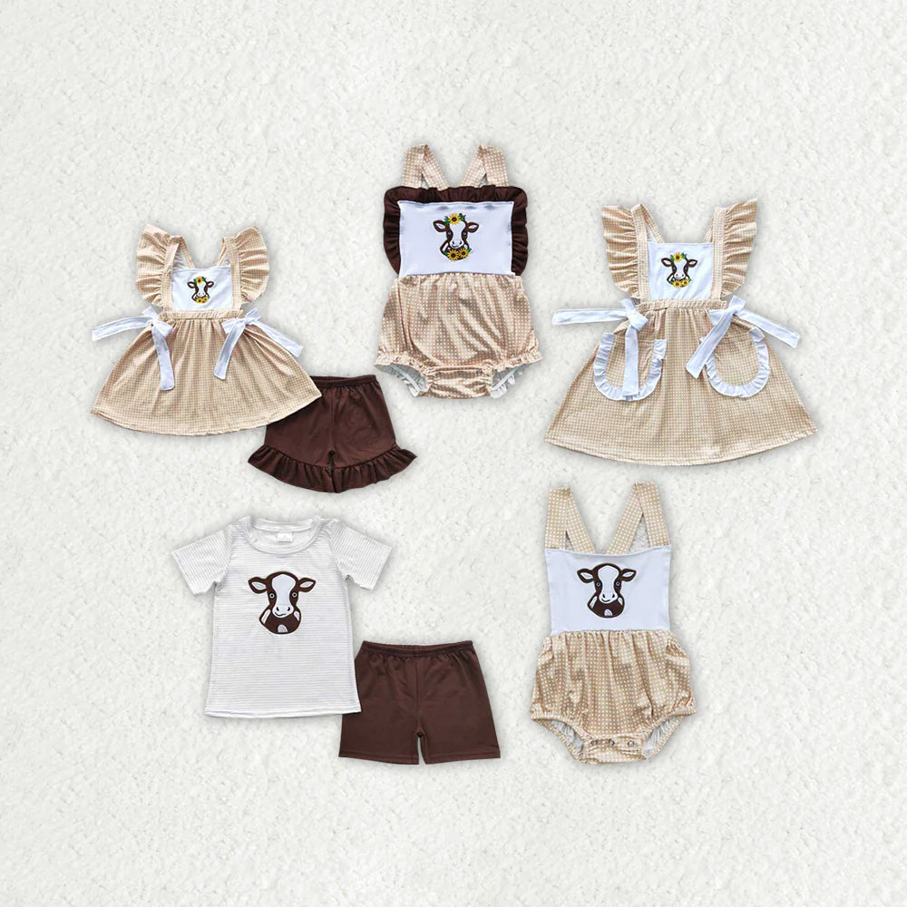 Sibling Boys Baby Girls Western Sunflower Cow Outfits Suits
