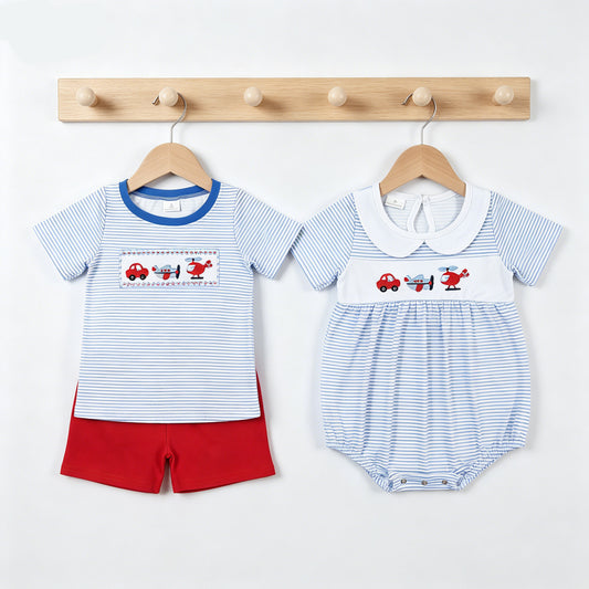 Baby Boys Blue Stripes Transpotation Sibling Brother Clothes Sets