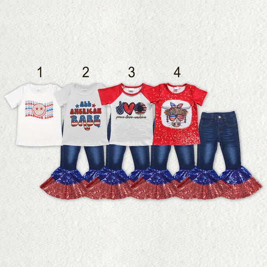 Sibling Baby Girls America Babe Smile Top Denim Bell Bottom Pant 4th of July Clothes Sets