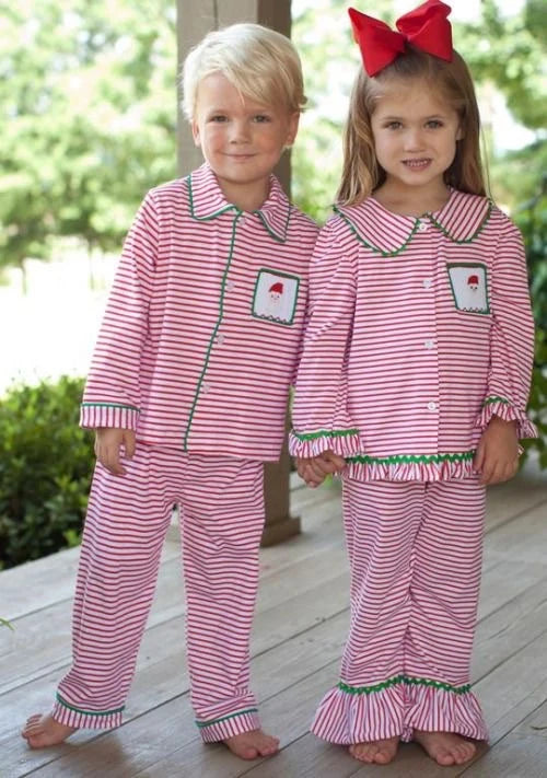 Sibling Toddler Girls Boys Christmas Santa Red Striped Buttons Pajama Set