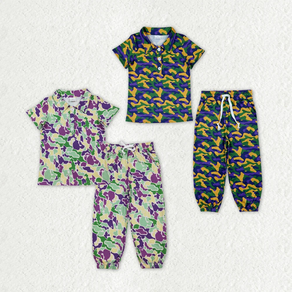 Sibling  Baby Boys Mardi Gras  Camo Polo Top Jogger Pants Outfit