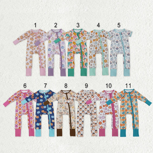 Sibling Baby  Colorful Flowers Pumpkins Fall Two Way Zip Convertible Rompers