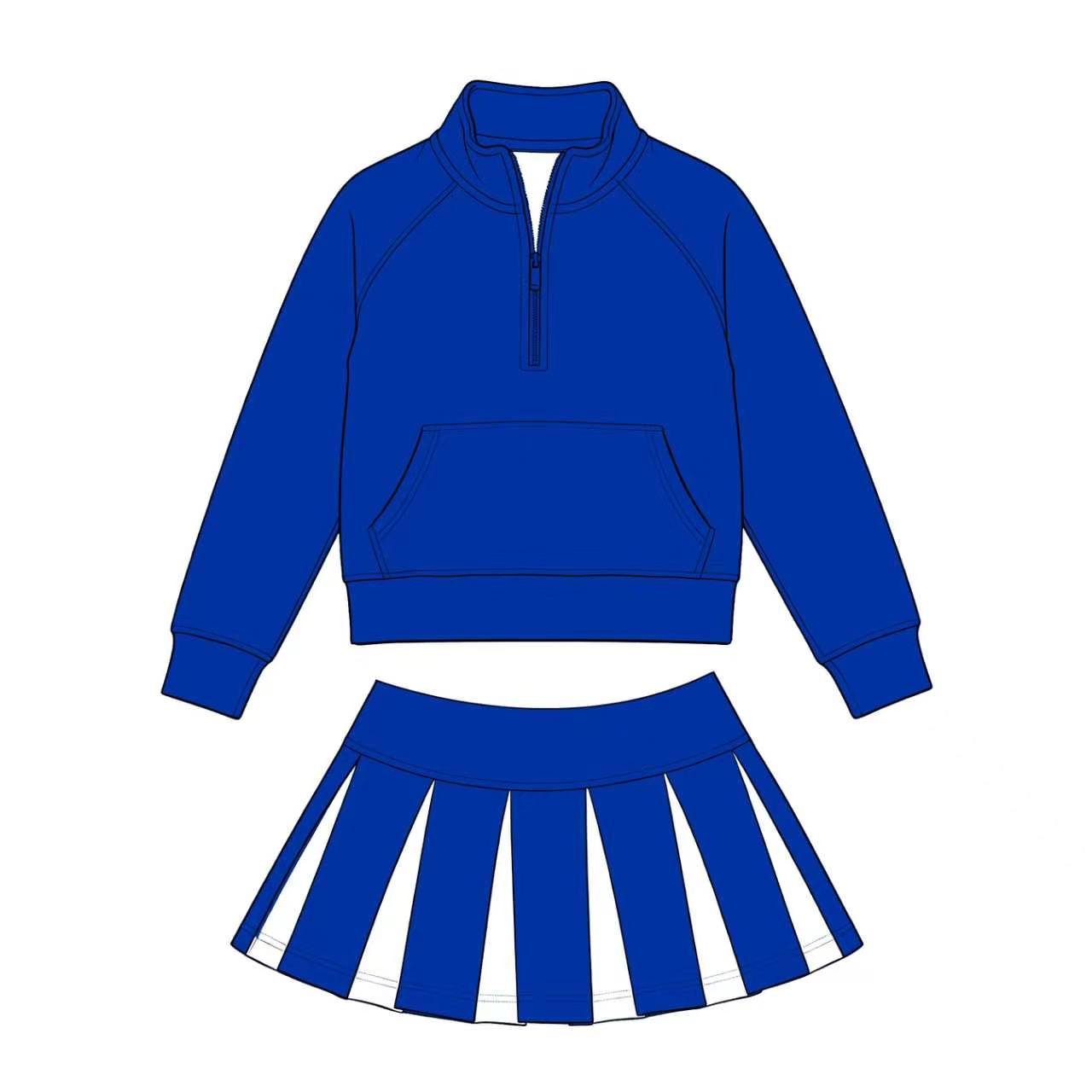 (Custom Design Preorder MOQ 5) Kids Girls Sport Team Royal Blue Long Sleeve Pullover Top with Skort Outfit