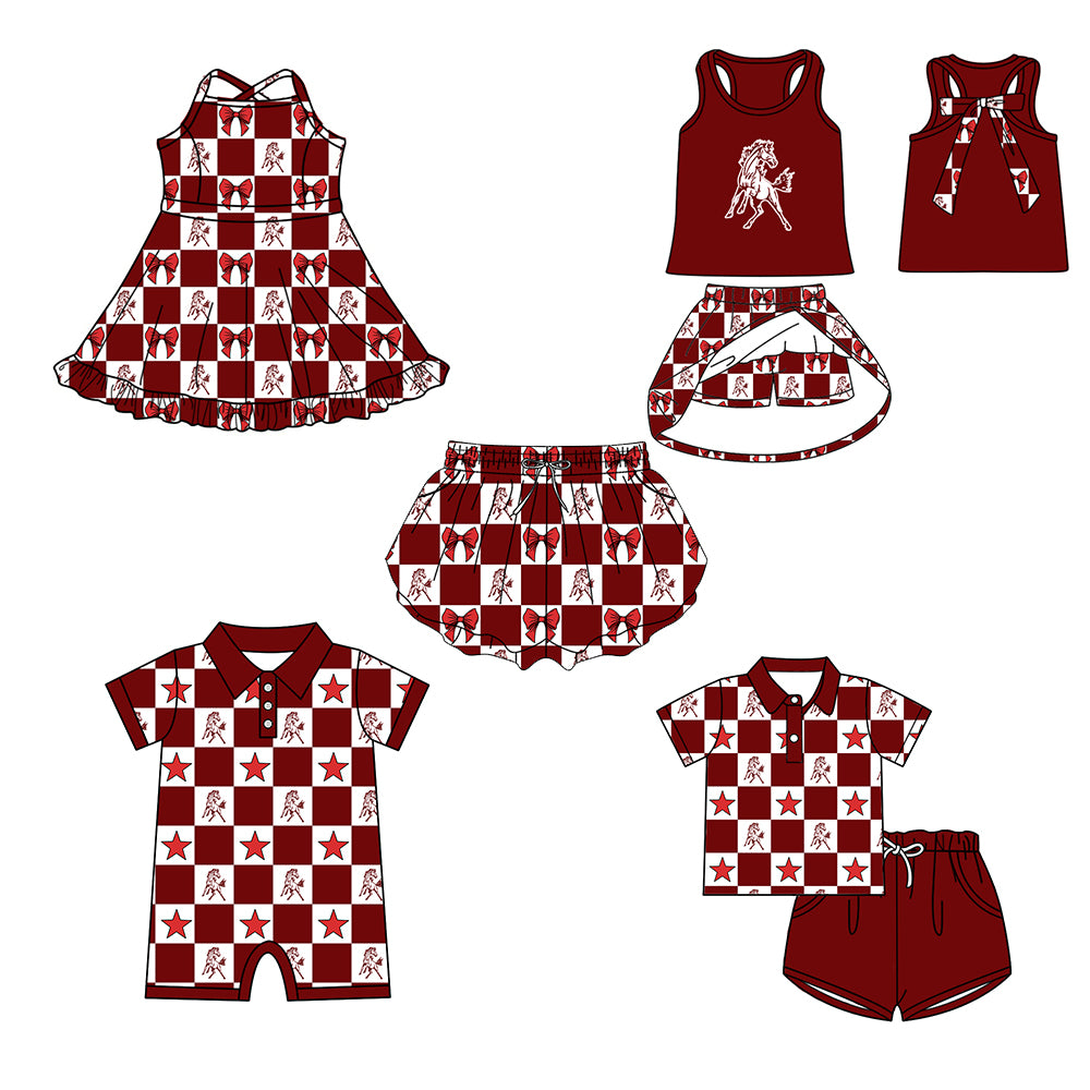 (Custom Design Preorder MOQ 5 Each Item) Teams Mustangs Bows Wine Plaid Print Kids Clothes Sibling & Family Matching Styles