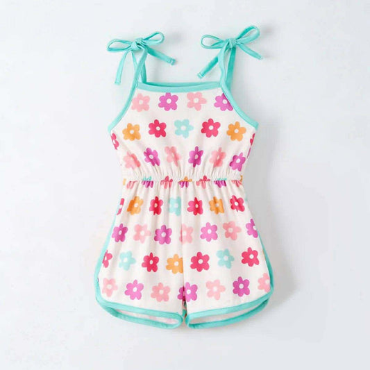 (Custom Design Preorder MOQ 5) Colorful Flowers Print Baby Girls Summer Strap Jumpsuits