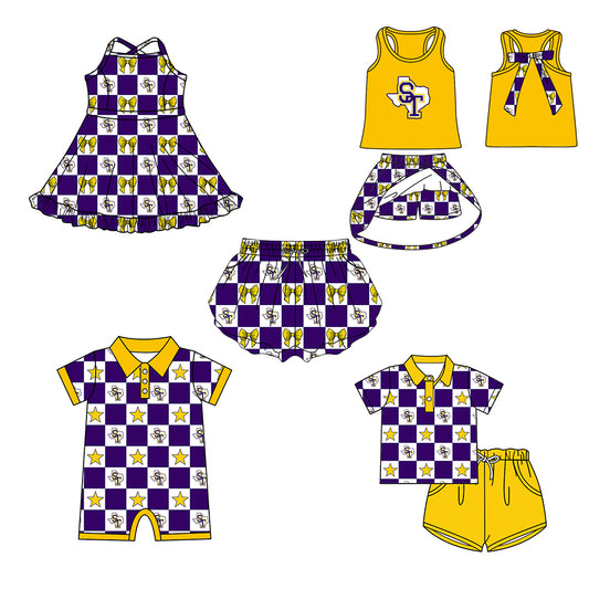 (Custom Design Preorder MOQ 5 Each Item) Teams Bobcats Bows Blue Plaid Print Kids Clothes Sibling & Family Matching Styles