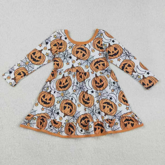 Sibling Baby Girls  Orange Pumpkins Halloween Pajamas Sets Rompers Knee Length Dresses