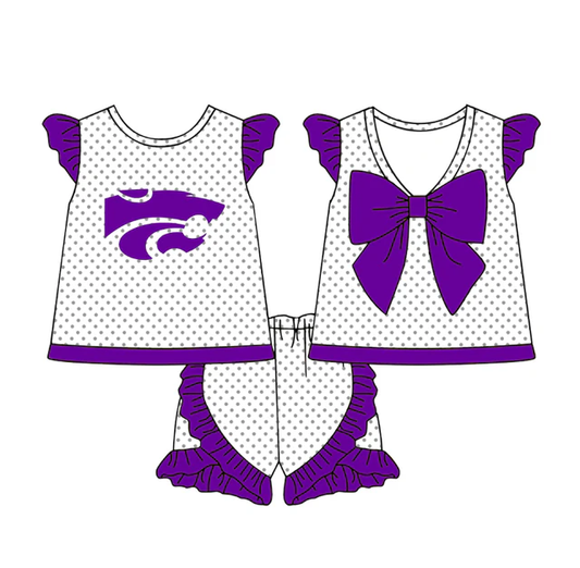 (Custom Design Preorder MOQ 5) Teams Kansas State Wildcats Dots Baby Girls Summer Clothes Set