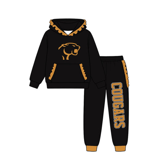 (Custom Design Preorder MOQ 5) Teams Rosebud Lott Cougars Black Gold Ruffles Hoodie Top Pockets Joggers Pants Woman Yoga Clothes Set