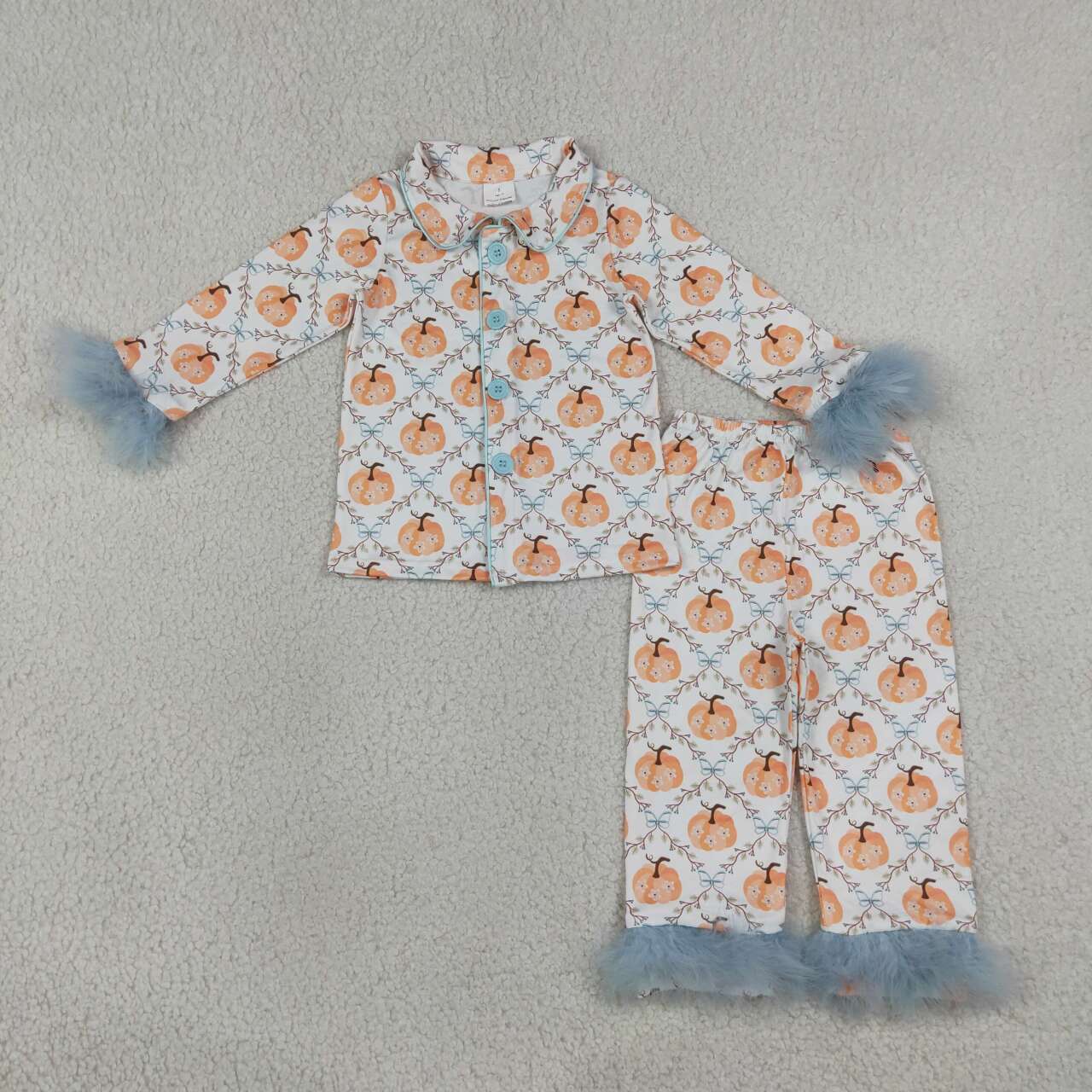 GLP3338 Pumpkin Flowers Bows Print Girls Fall Fur Buttons Pajamas Clothes Set