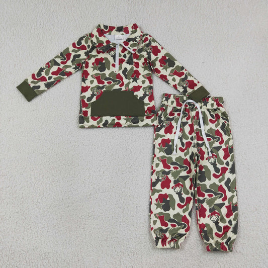 BLP1486 Red Green Camo Zip Pocket Pullover Top Jogger Pants Boys Christmas Clothes Set