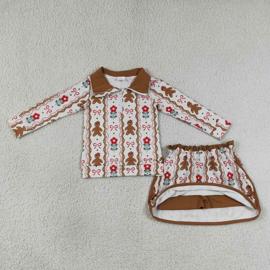 GLD1607 Gingerbread Flowers Bows Print Girls Christmas Outfits - Zipper Top & Skort Set