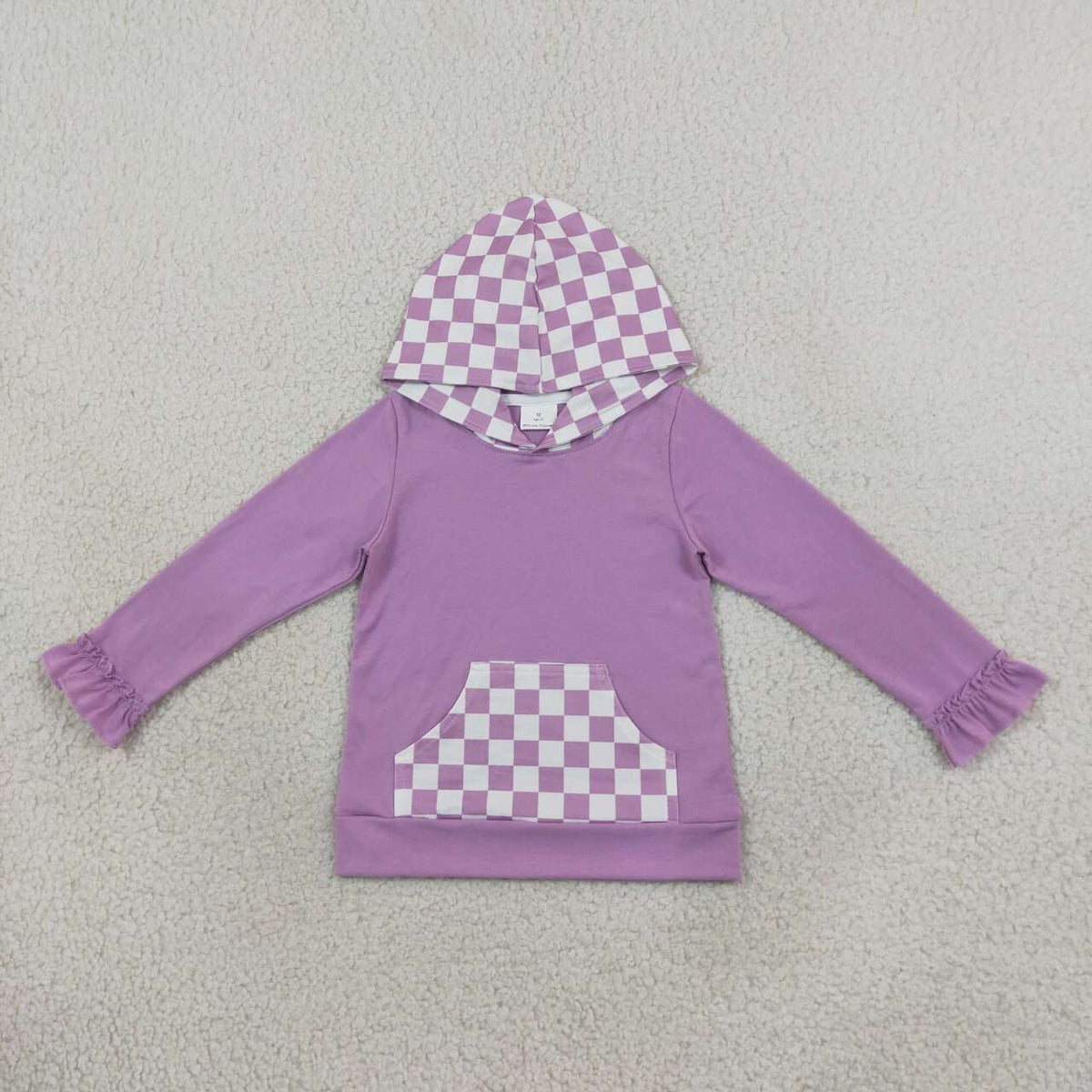 Kids Girls Purple Checked Pocket Long Sleeve Hoodie Top