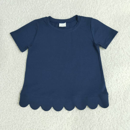 GT1773 Navy Cotton Girls Scallop Edge Short Sleeve T-shirts Top