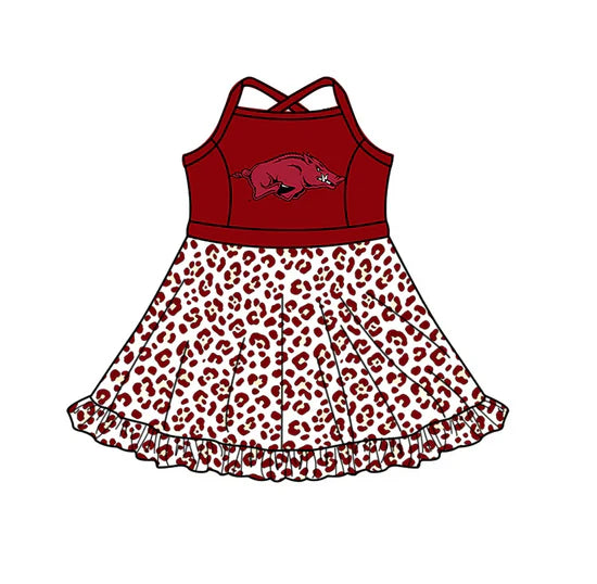 (Custom  Preorder MOQ 5) Baby Girls Strap Leopard Arkansas Short Ruffle Team Knee Length Dress