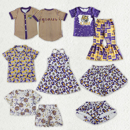 Sibling Mama and Me Kids Bows LSU Tigers Team Clothes Sets Polo Shirt Yoga Active Butterfly Shorts