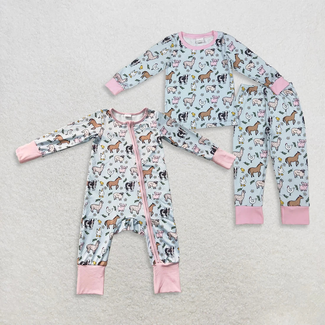 Sibling Baby Girls Long Sleeves Pigs Cows Top Pant Farm Clothes Set Zip Rompers